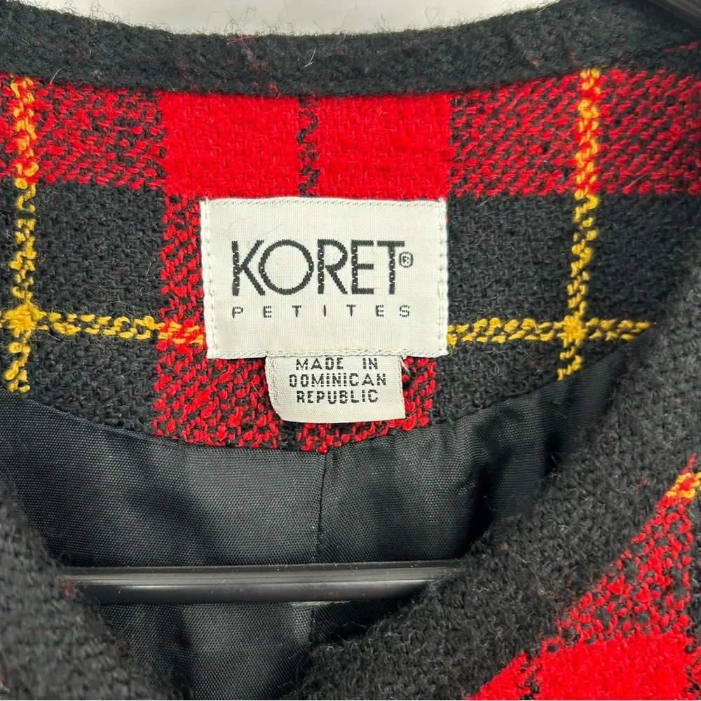 Vintage Koret Red Plaid Collarless‎ Blazer Jacket Wool Blend Size 8P
